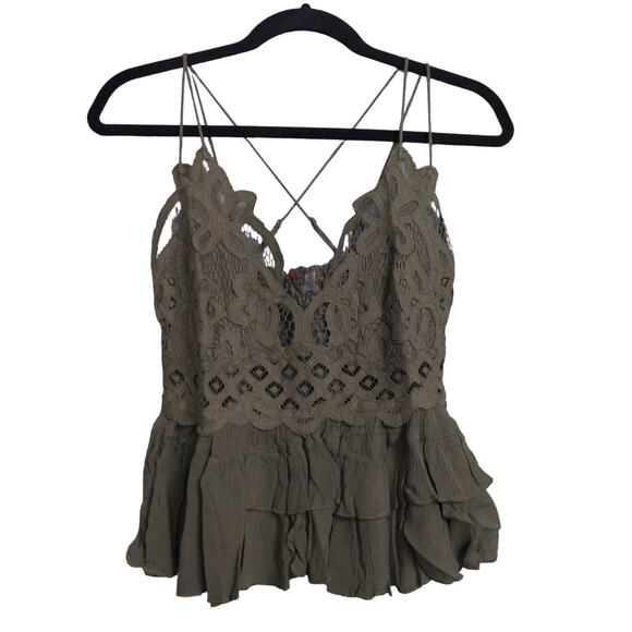 Free People Adella Cami Crochet Lace Flowy Tiered Crisscross Olive Sparrow L New - Picture 2 of 11